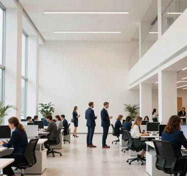 A bright and airy European Portuguese office lobby with high ceilings and minimalist decor. Professional individuals are seen in soft focus in the background, conveying a sense of collaborative trust and expertise. Colors include off-white and dark blue.