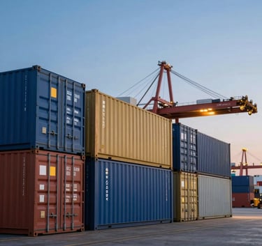 A sleek, cinematic shot of cargo containers at a modern global shipping port during the blue hour, with subtle golden industrial lights, professional corporate photography, highlighting efficiency, #0A2342 and #C9B07D color accents.