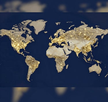 A sophisticated digital overlay of a world map with golden connectivity nodes on a deep navy background, symbolizing international trade networks, modern and globally sophisticated style, incorporating #0A2342 and #C9B07D colors.