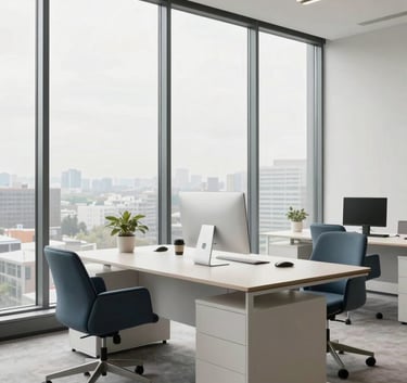 A bright, modern North American / US workspace with floor-to-ceiling windows and minimalist furniture in soft off-white and muted slate blue.