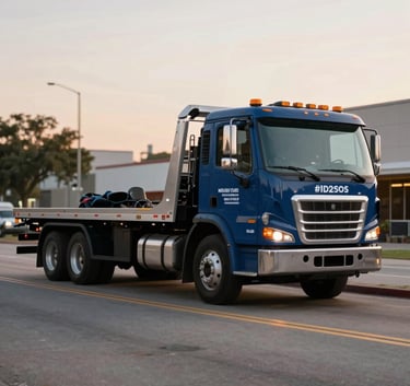A high-quality, professional photo of a modern flatbed tow truck branded with industrial colors, parked on a Houston street during the golden hour. The composition is dynamic, emphasizing speed and reliability with deep blues like #1D2D3E.