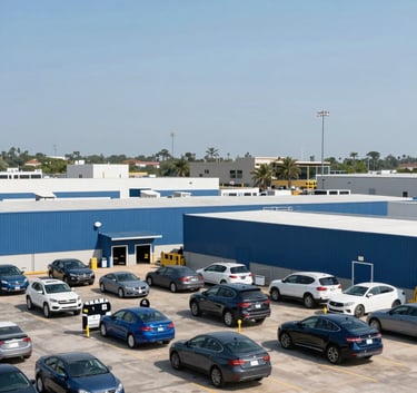 A clean, wide-angle shot of a professional car recycling center in Houston. The facility is organized and efficient, featuring metallic textures and a clear sky, utilizing a palette of #3C5A6B and #7A9AB0.