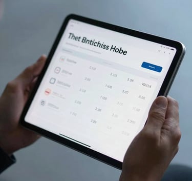 A close-up photograph focusing on a person's hands holding a tablet. The screen shows a simplified, elegant interface of a commodities market analysis. The atmosphere is professional and focused, with soft misty blue lighting.