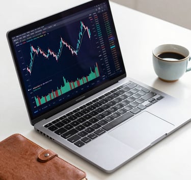 A clean, high-end desk setup with a sleek laptop displaying a financial candlestick chart. Next to the laptop is a leather-bound notebook and a ceramic cup of coffee. The lighting is bright and natural, incorporating deep midnight blue and cool porcelain tones.