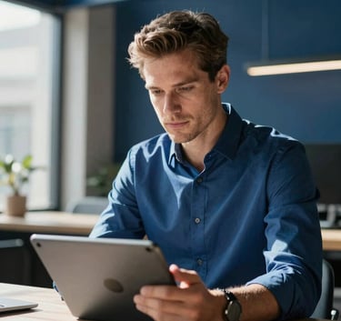 A professional American male in a smart steel blue shirt looking confidently at a tablet screen in a sunlit, modern workspace with steel blue and deep navy blue architectural details.