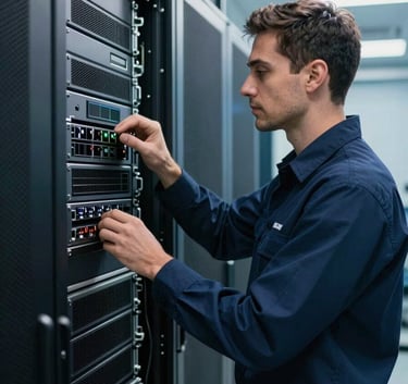 An American IT technician in a deep navy uniform professionally inspecting a network server rack in a clean, high-tech data center with subtle steel blue lighting.
