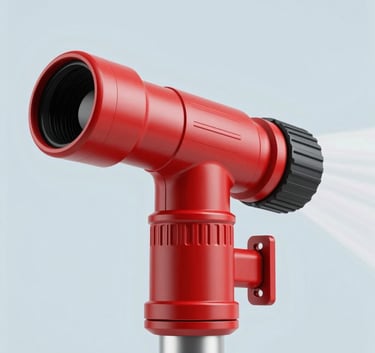 A detailed close-up of a red fire foam monitor nozzle, showing precision engineering and industrial quality, studio lighting with a clean background using #EBF2F7.