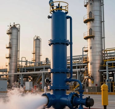 A wide shot of a large industrial fire suppression foam monitor in a petrochemical plant, sunset lighting, high-tech and professional atmosphere, incorporating brand colors #0A192F and #28425F.