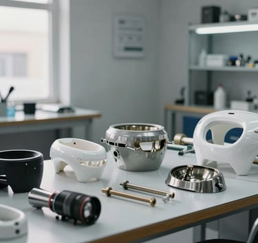 Professional appliance repair workshop with various disassembled parts on a workbench, clean Slate Gray background, natural lighting from a window, Middle Eastern / Gulf industrial park setting.