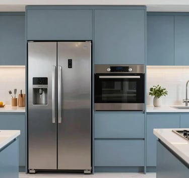 A high-end modern kitchen in a Middle Eastern / Gulf villa, featuring a stainless steel refrigerator and built-in oven, bright and professional photography, soft Slate Blue lighting.