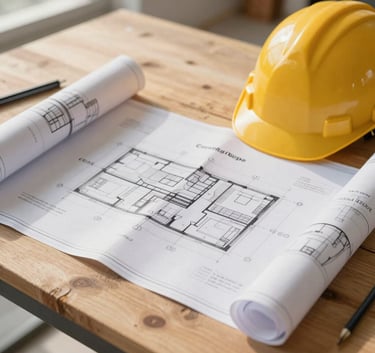 Close up of architectural blueprints on a wooden table at a construction site in Central Europe, with a safety helmet nearby, bathed in soft morning sunlight.