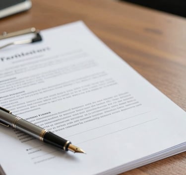 A close-up photograph of professional legal documents and a fountain pen on a clean wooden desk in a South Asian office setting. The lighting is bright and clear, emphasizing a sense of reliability and strategic order.