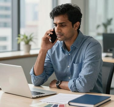 A professional South Asian consultant sitting in a modern, sunlit office in a South Asian city, looking helpful and supportive while talking on a phone. The desk has a clean laptop and professional notebooks, with a palette of off-white and medium blue tones.