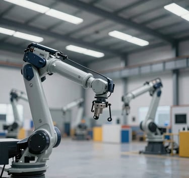 A wide-angle, sophisticated view of a modern industrial warehouse in Lahore, featuring clean lines, advanced robotic arms, and a professional lighting scheme incorporating the brand's navy and slate color palette.