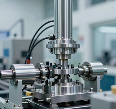 A high-quality image of a heavy-duty industrial production line with stainless steel components, showcasing precision and reliability, set against a modern architectural background with subtle slate blue highlights.