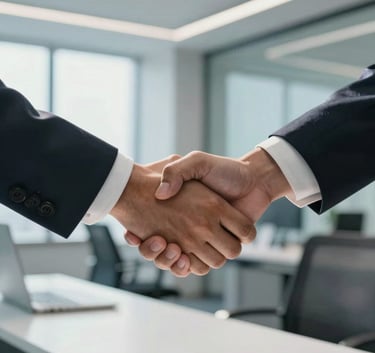 A close-up of a professional handshake in a sunlit, modern office in a South Asian tech hub. The background features a clean, sophisticated workspace with soft blue and white tones.