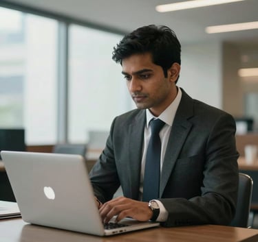 A focused South Asian professional wearing business attire, working on a laptop in a high-end corporate lounge. The lighting is soft and natural, emphasizing a global business environment.