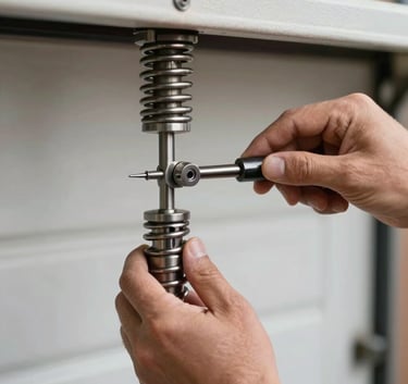 Close-up photography of a professional technician's hands in the North American / US region, using steel tools to precisely adjust a garage door spring. The focus is on safety and reliability.