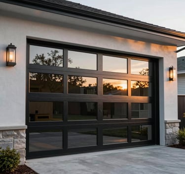A sleek, contemporary residential black glass garage door installed on a modern light grey North American / US home. Photography taken during the golden hour with warm, inviting lighting.