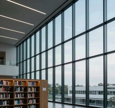 A wide-angle, serene shot of a modern North American library with clean architectural lines and floor-to-ceiling windows. The palette is dominated by deep charcoal and soft muted blue-grey tones, emphasizing clarity and intellectual focus.