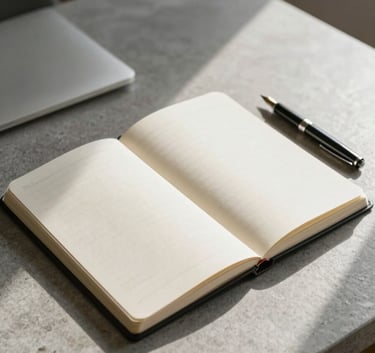 A minimalist, high-angle photograph of an open linen notebook and a sleek fountain pen on a clean, light grey stone desk in a North American home office. The lighting is soft morning sun, highlighting textures of paper and stone in a sophisticated, introspective atmosphere.