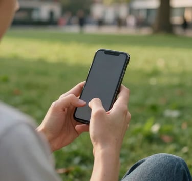 A lifestyle photograph of a person using their phone while sitting in a vibrant green park within a Northern European / British city. The lighting is warm and helpful, emphasizing a user-friendly and modern experience.