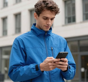 A professional person in a Northern European / British city setting checking their mobile phone with confidence. The background shows modern architecture in soft off-white, with the person wearing a vibrant blue jacket. Sharp focus, bright and efficient mood.