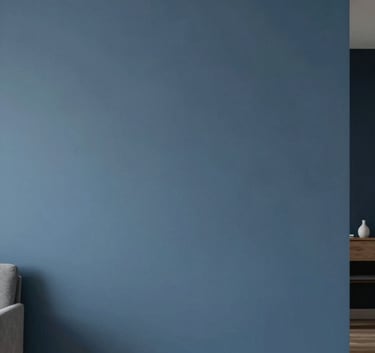A modern living room interior featuring a perfectly painted slate blue (#1C3642) accent wall. The lighting is bright and even, showcasing a crisp, flawless finish and professional edge lines. The style is minimalist and high-end.