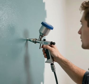 A professional painter using an advanced spray system to apply a smooth coat of muted teal (#6BA5A8) to an interior wall. The image captures the technology and efficiency of the process in a clean, modern setting.