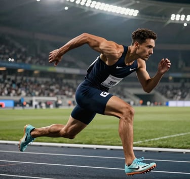 A professional athlete in mid-sprint on a dark track, illuminated by sharp stadium lights, in a palette of dark navy and steel grey, dynamic and sharp focus.