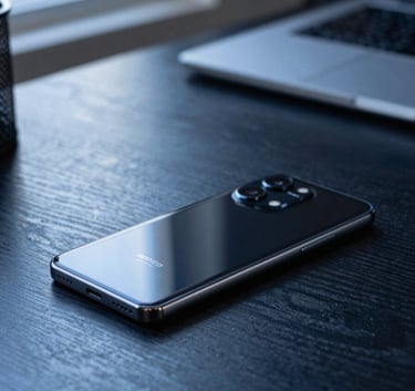 Photography of a high-end Android smartphone resting on a dark navy wooden desk, soft light from a side window, global / tech-savvy home office, sophisticated steel blue highlights in the background.