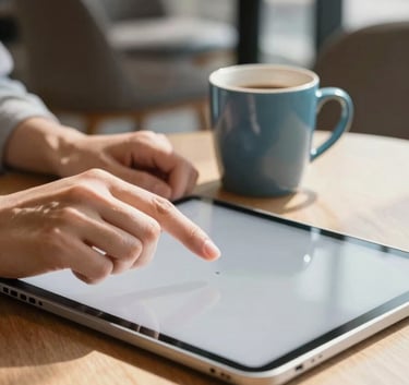Close-up photography of a person’s hands interacting with a light gray digital tablet in a modern sun-lit cafe, steel blue ceramic mug on the table, global / tech-savvy urban setting.