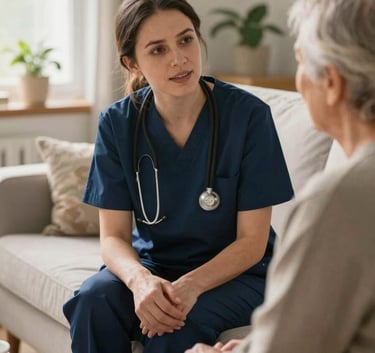 A warm, compassionate health worker in professional navy blue attire speaking kindly to an elderly person in a cozy, sunlit North American living room. The composition is intimate and focused on the supportive interaction.