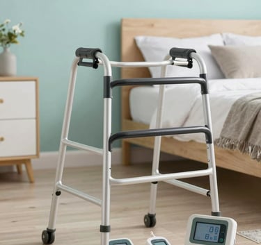 Essential home medical equipment, including a high-quality walker and monitoring devices, neatly organized in a clean, modern North American bedroom with soft light teal and beige accents.