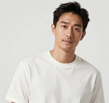 A high-quality portrait of a content creator in a bright white studio, wearing premium minimalist attire, Global / International.