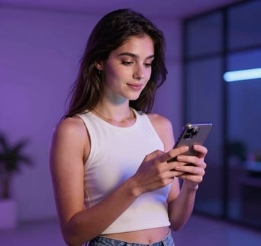 A confident influencer in a modern urban setting holding a smartphone, soft purple and deep blue ambient lighting, Global / International.