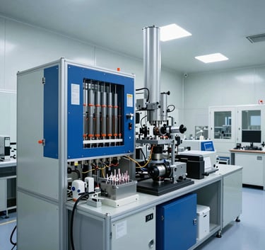 A professional wide-angle shot of a clean, high-tech semiconductor fabrication room with sterile lighting and Deep Blue accents on the equipment, Global / Industrial.