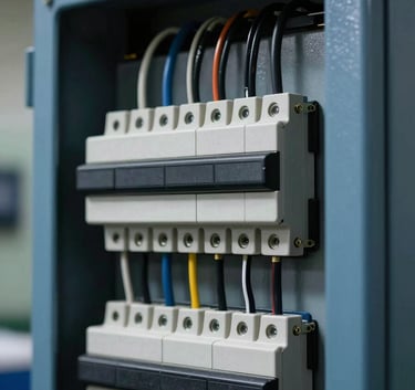 Detailed close-up photography of a sophisticated custom electrical control panel with precision wiring and Steel Blue metallic casing, Global / Industrial.