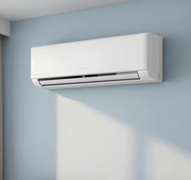 Interior of a modern North American / US living room with a sleek, wall-mounted air conditioning unit, pale sky blue walls, soft morning light.