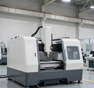A wide-angle, minimalist photograph of a clean industrial production hall. In the foreground, a high-end CNC machine is operating with precision. The environment is orderly and spacious, featuring a palette of off-white and steel grey. The atmosphere conveys global expertise and high-end industrial manufacturing strength.