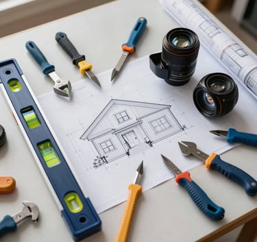 A top-down view of professional roofing tools, a level, and a architectural plan of a house laid out on a clean workbench, soft daylight, professional and organized atmosphere, deep navy and steel blue accents.