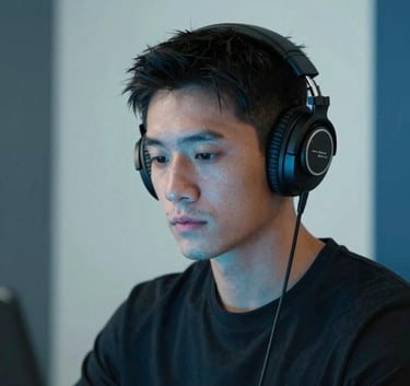A portrait of a focused musician wearing modern headphones, illuminated by soft blue light. The background is a clean, minimalist space with accents of pale mist and dark slate blue.
