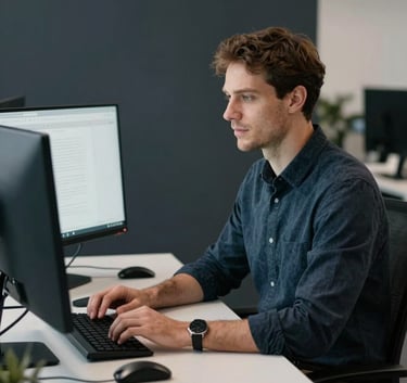 A high-end professional portrait of a developer working at a desk with two monitors in a modern North American / US tech office. The lighting is soft and natural, with dark slate navy shadows and soft off-white highlights, reflecting a professional and competent mood.