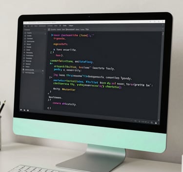 Close-up photography of clean code displayed on a sleek monitor in a minimalist North American / US workspace. The scene uses a soft off-white palette with bright seafoam green accents from LED backlighting, emphasizing technical innovation.