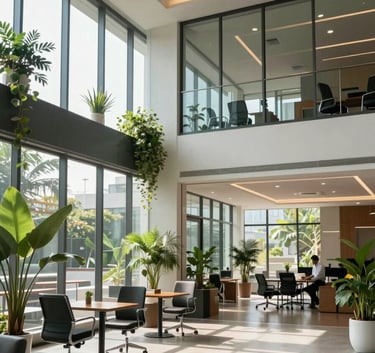 A bright and airy modern office lobby in a South Asian tech hub like Visakhapatnam, featuring glass walls, indoor plants, and a professional atmosphere with soft sunlight filtering through large windows.