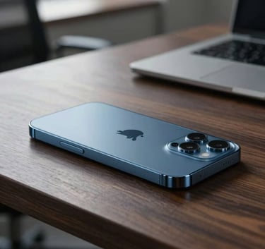 Close-up photography of a sleek, high-end smartphone with a steel blue finish resting on a dark wood desk in a modern Seattle office, soft natural side lighting, minimalist environment.