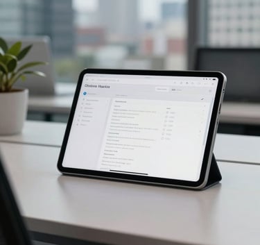 Professional photography of a tech workspace in a North American city office, showing a clean desk with a high-resolution tablet displaying a minimalist interface, soft overcast light.