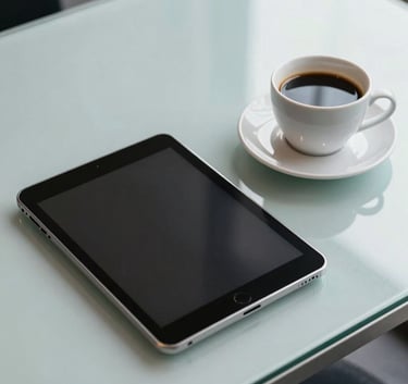 A high-angle photograph of a modern glass-top desk with a tablet and a cup of black coffee in a clean, professional North American environment.