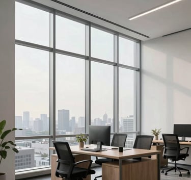 A minimalist North American office interior with floor-to-ceiling windows, clean architecture, and soft natural morning light illuminating a professional workspace.