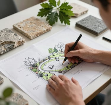 A high-angle shot of a landscape architect's hands sketching a professional garden layout on a blueprint, surrounded by samples of natural stone and Forest Green foliage in a well-lit studio in North American / US.
